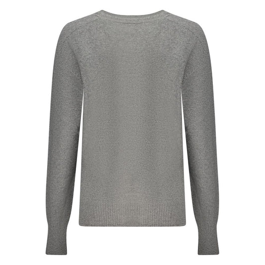 Grey polyamide women's long-sleeve knit sweater with ribbed crew neck and cuffs