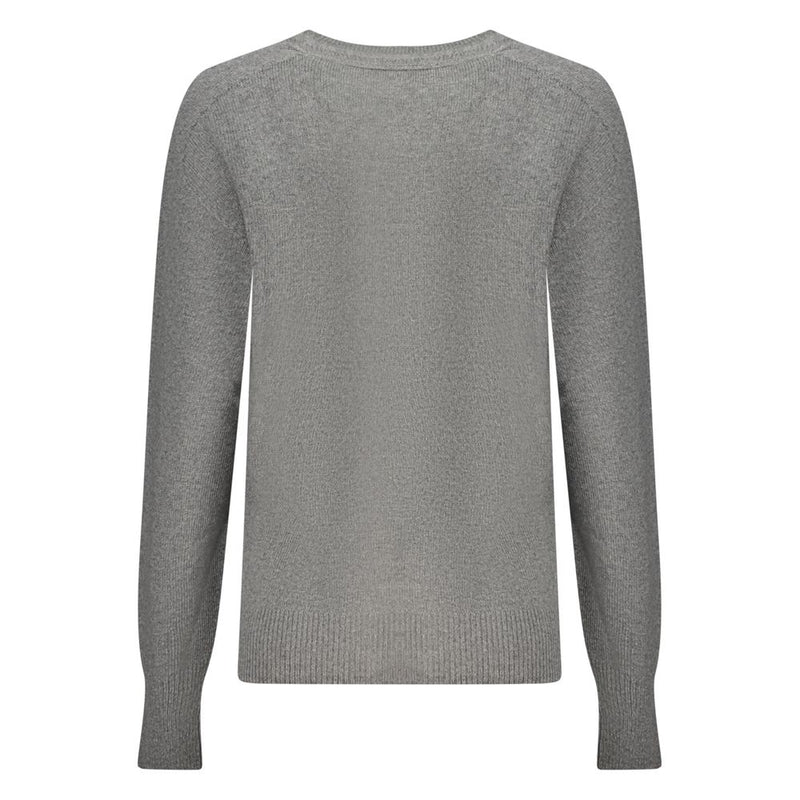 Grey polyamide women's long-sleeve knit sweater with ribbed crew neck and cuffs