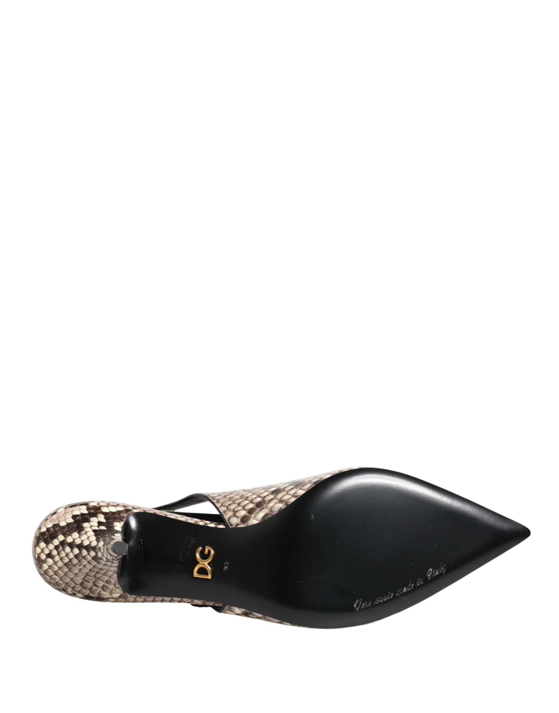 Dolce & Gabbana slingback heels in multicolor snakeskin leather with a pointed toe and black sole featuring DG logo.
