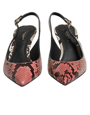 Dolce & Gabbana pointed-toe slingback heels in multicolor snakeskin-print leather with black buckled straps.
