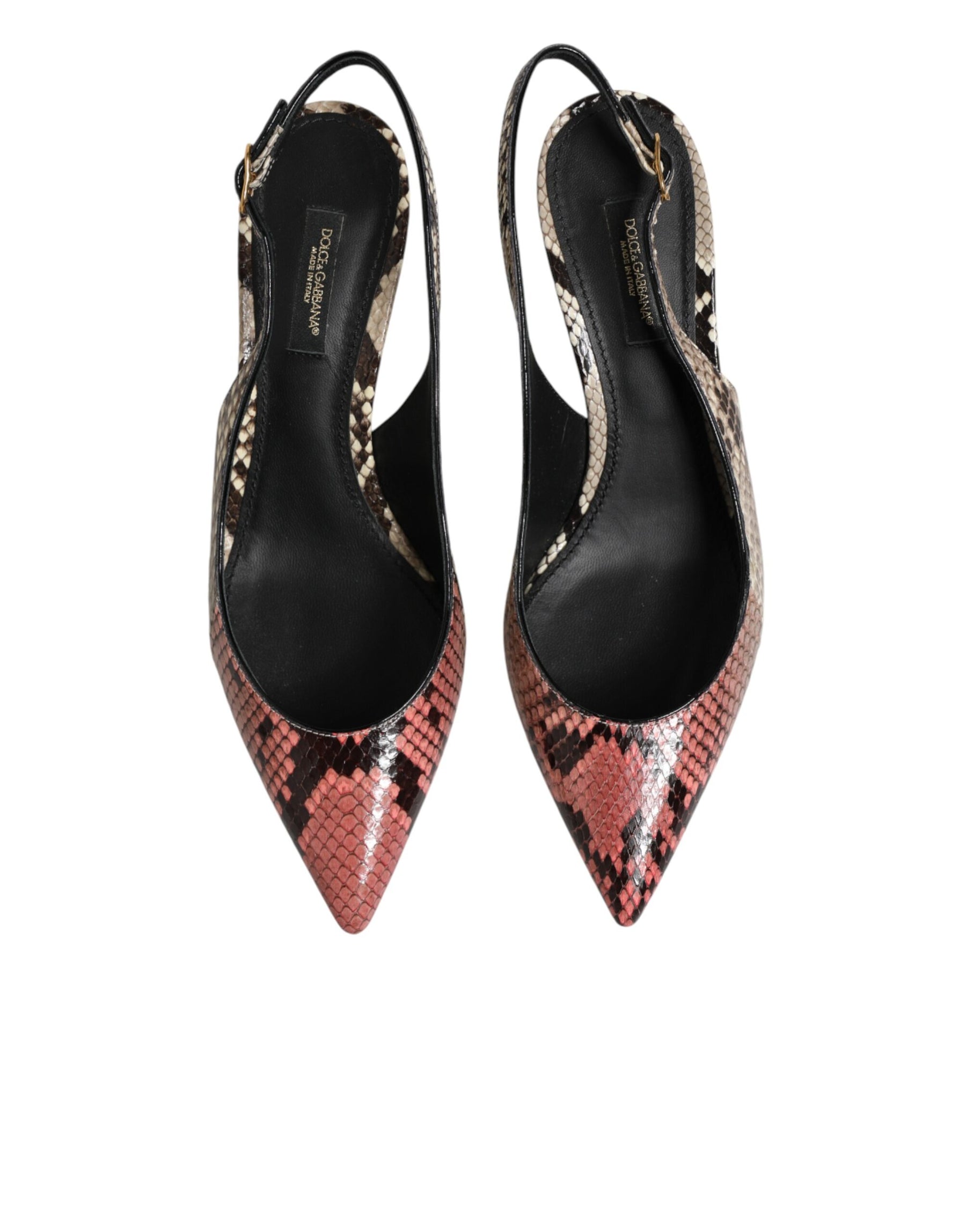 Dolce & Gabbana pointed-toe slingback heels in multicolor snakeskin-embossed leather with black leather insoles.