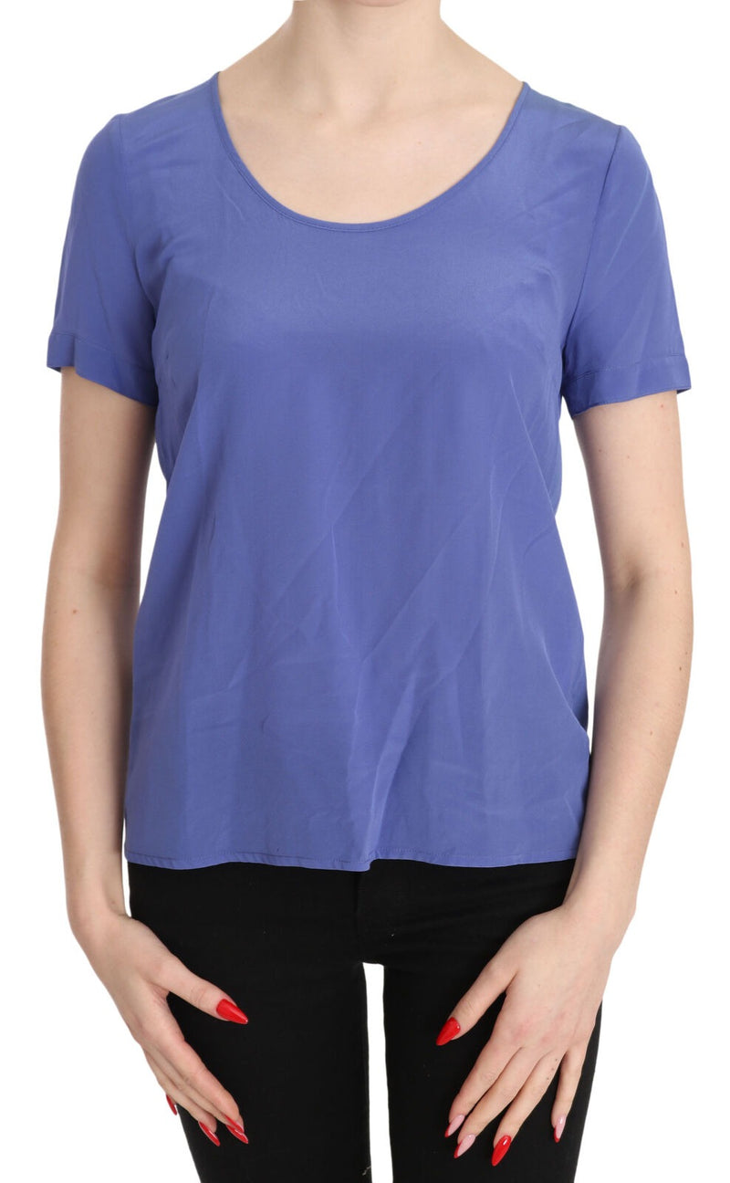 Purple silk casual blouse with short sleeves and a scoop neck worn with black pants