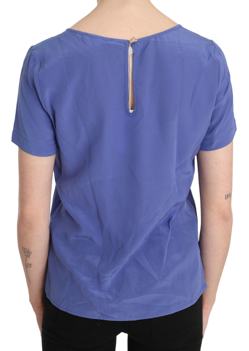 Purple silk short sleeve casual blouse viewed from the back with keyhole neckline