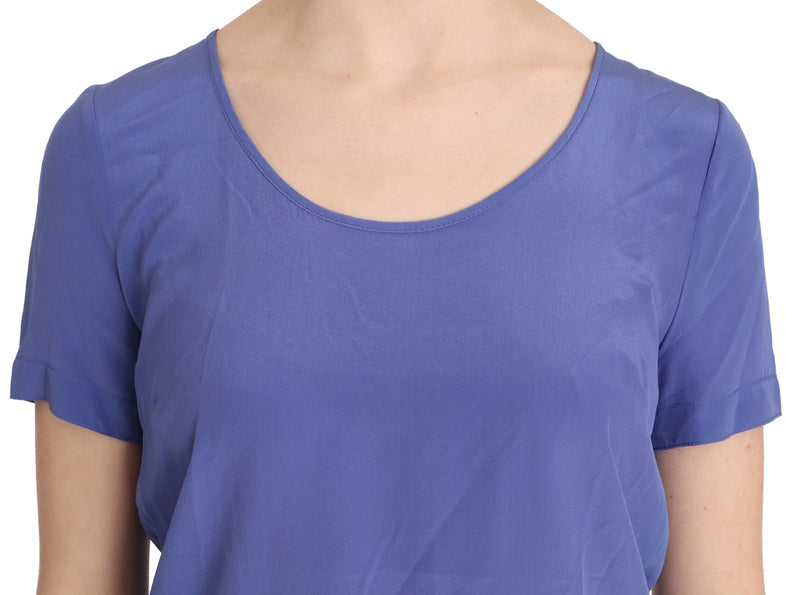 Purple silk short sleeve casual blouse with a scoop neckline
