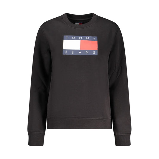Black cotton crewneck sweatshirt with long sleeves and a large Tommy Jeans flag logo on the chest