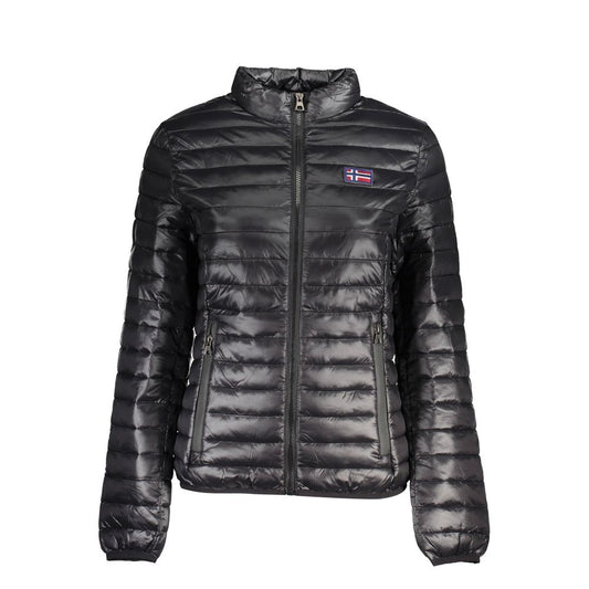 Black shiny polyamide puffer jacket with a high collar, zipper, and a small Norwegian flag patch on the chest