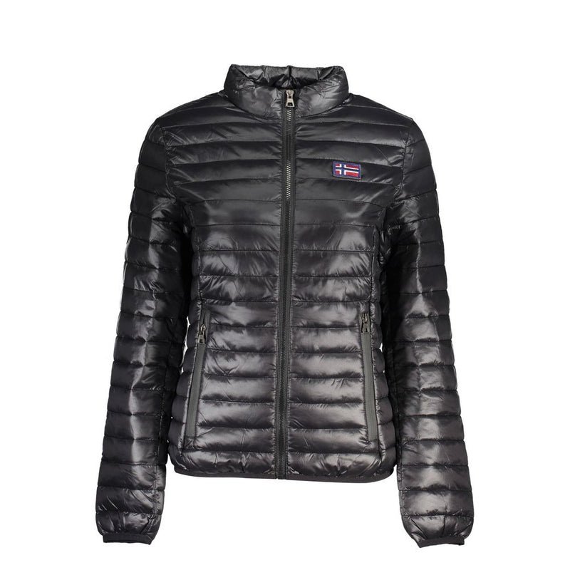 Black shiny polyamide puffer jacket with a high collar, zipper, and a small Norwegian flag patch on the chest