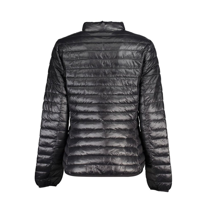 Black quilted polyamide women's puffer jacket with a high collar viewed from the back