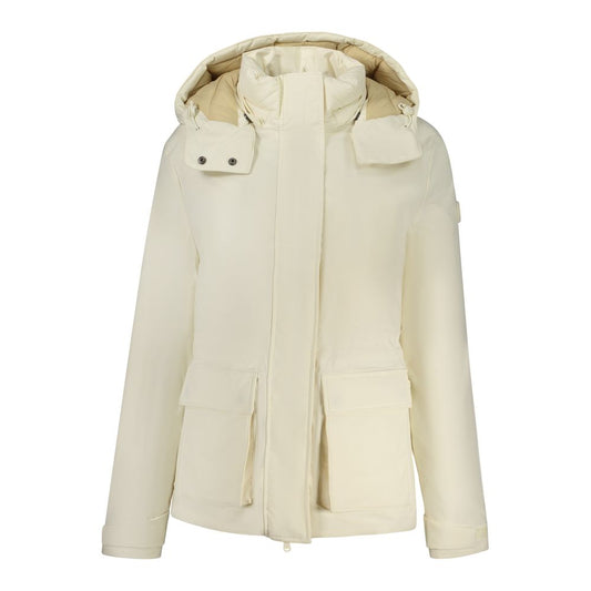 White polyester women's parka jacket with a hood and large front pockets