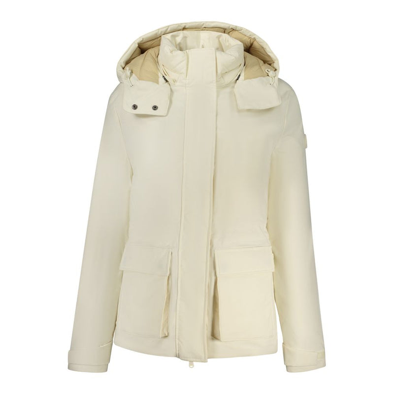 White polyester women's parka jacket with a hood and large front pockets