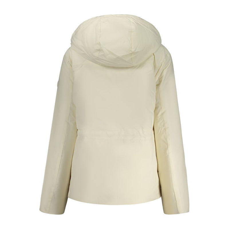 Rear view of a white polyester women parka jacket with a hood