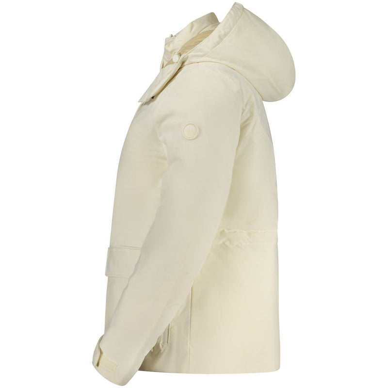 White polyester women's parka jacket with a hood viewed from the side