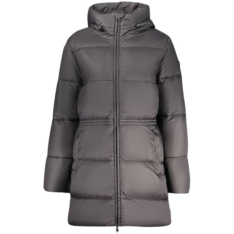 Dark grey polyester women's puffer jacket with a hooded, longline style
