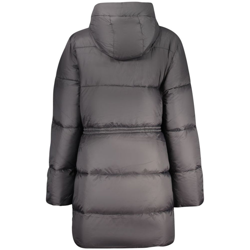 Dark grey polyester hooded puffer jacket for women viewed from the back