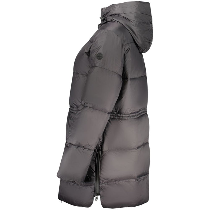 Dark grey polyester hooded puffer jacket for women with a side zipper slit