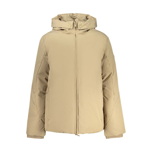 Brown polyester hooded puffer jacket for women with a zip-up front