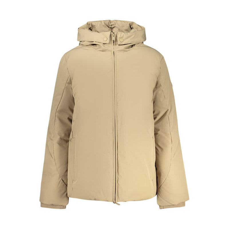 Brown polyester hooded puffer jacket for women with a zip-up front