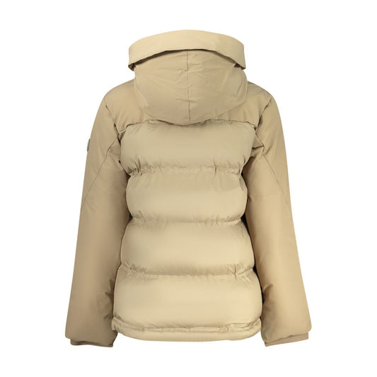 Beige puffer jacket with a hood, viewed from the back