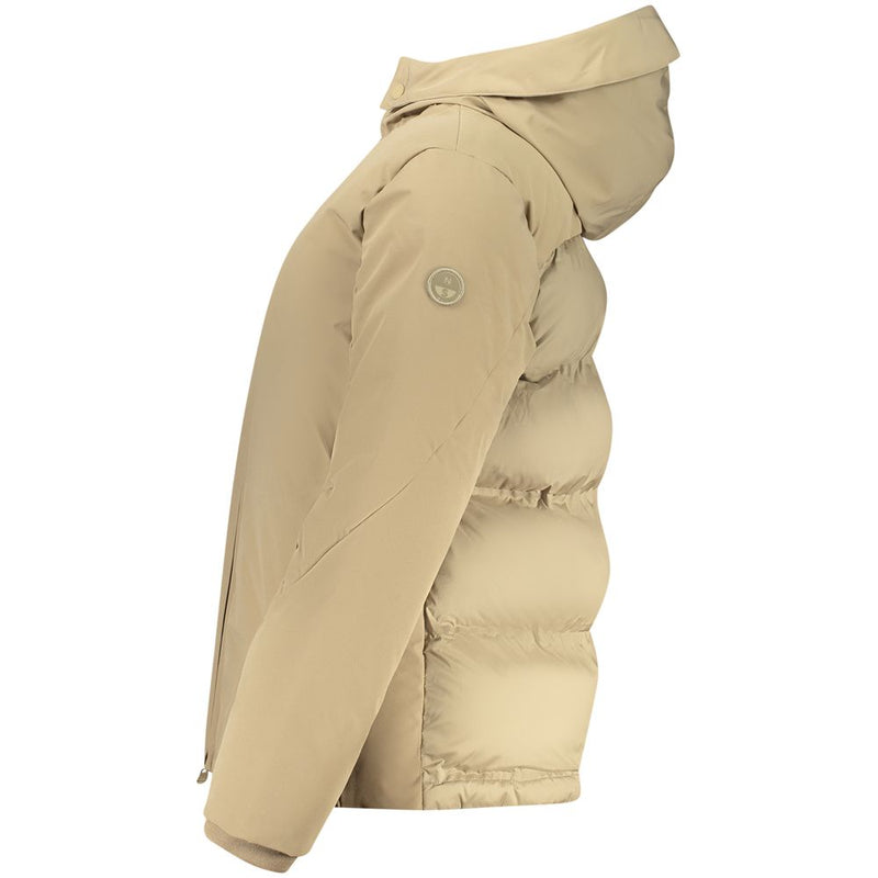 Beige polyester women's puffer jacket with a hood shown from the side