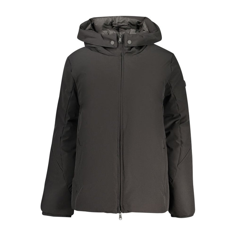 Black polyester hooded puffer jacket for women with full front zipper