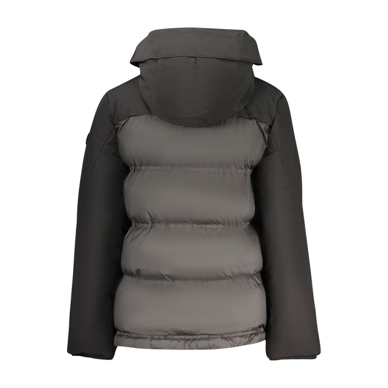 Black polyester women's puffer jacket with a hood viewed from the back