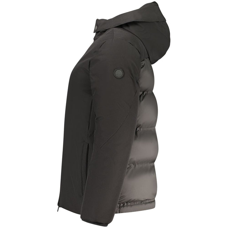 Black polyester women's hooded jacket with quilted back and smooth front side panel view