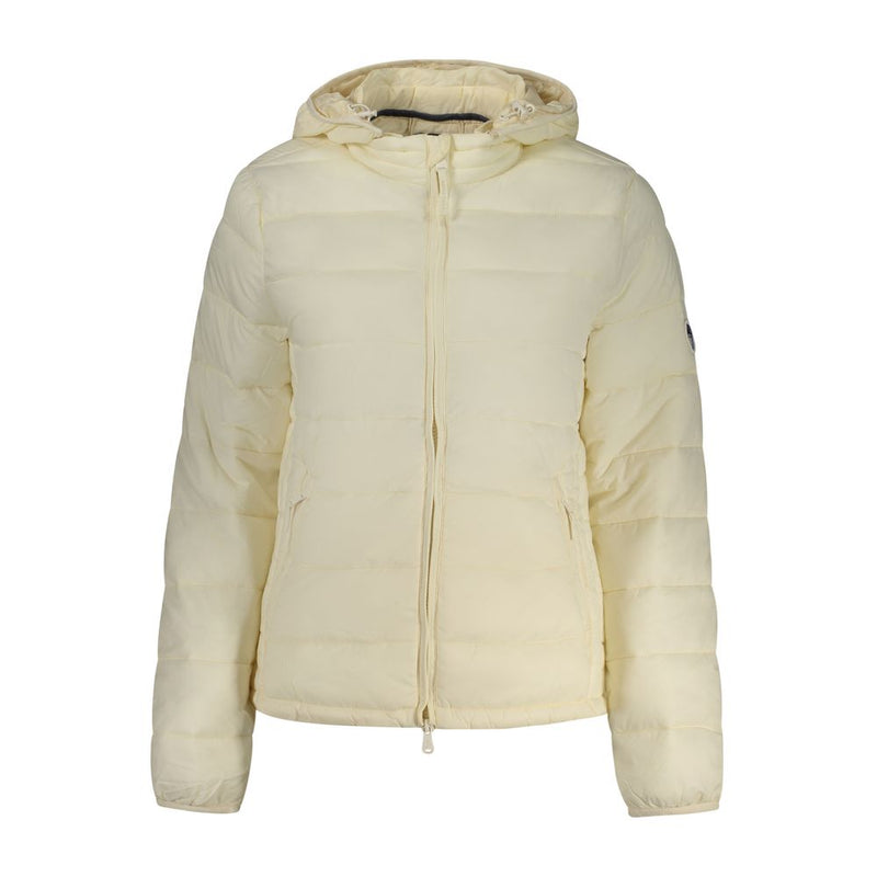 White polyester women's puffer jacket with a hood and zipper closure