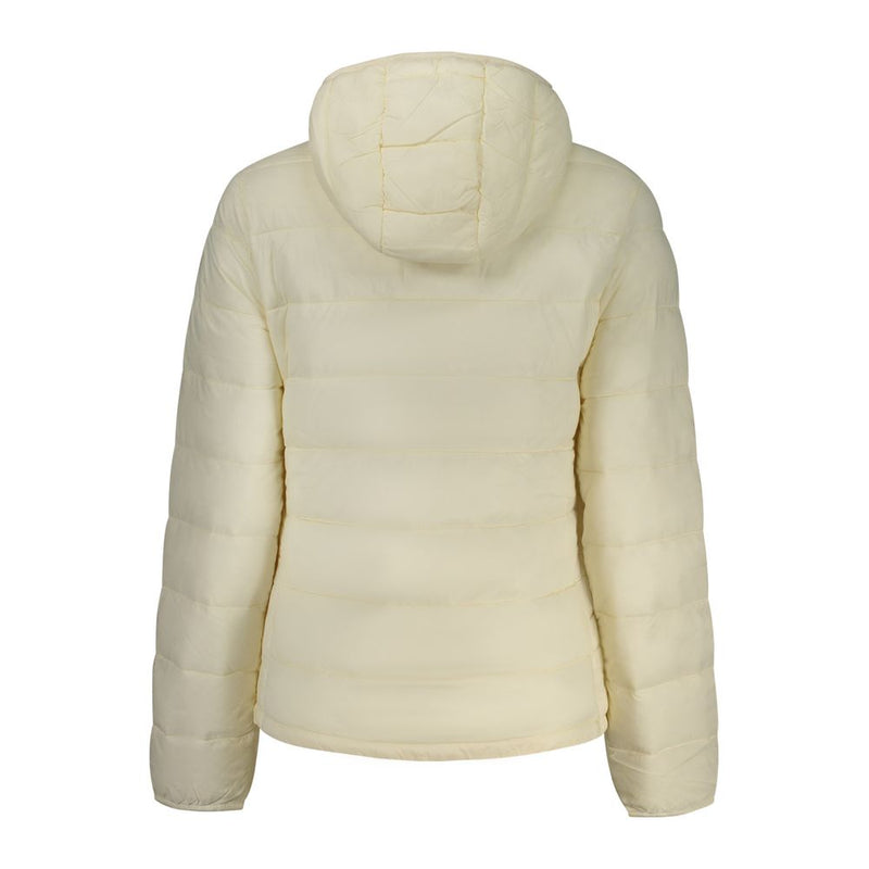 Back view of a white quilted polyester women's puffer jacket with attached hood