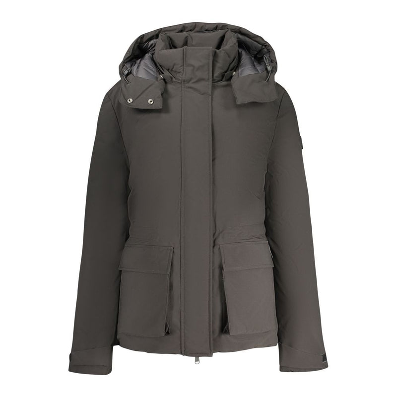 Black polyester women's winter parka jacket with a hooded collar and flap pockets