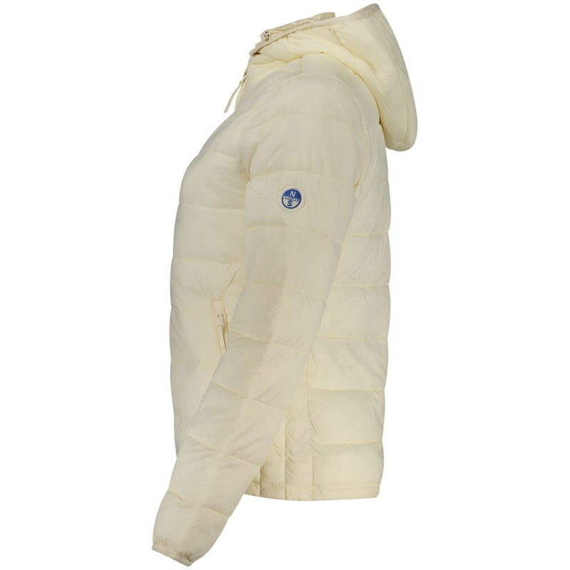 Side view of a white polyester women's hooded puffer jacket with quilted stitching