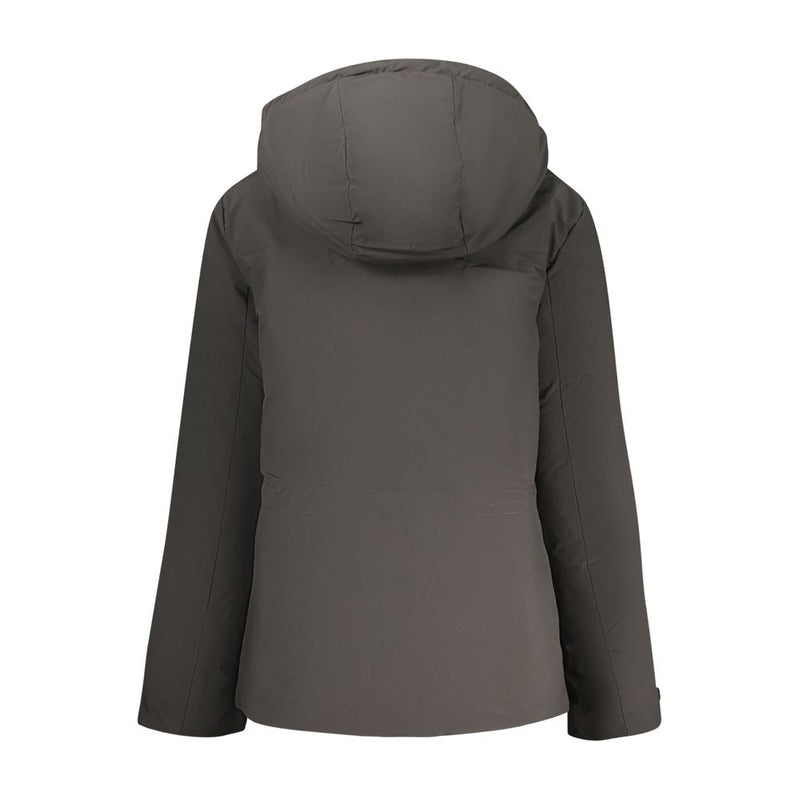 Back view of a black polyester women winter jacket with hood