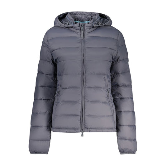 Gray quilted polyester hooded puffer jacket for women with a full zipper