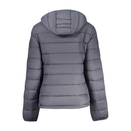 Back view of a grey polyester quilted women's puffer jacket with a hood