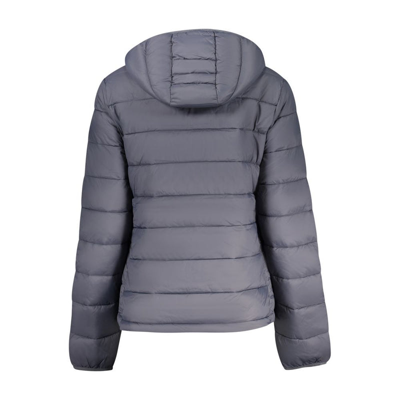 Back view of a grey polyester quilted women's puffer jacket with a hood