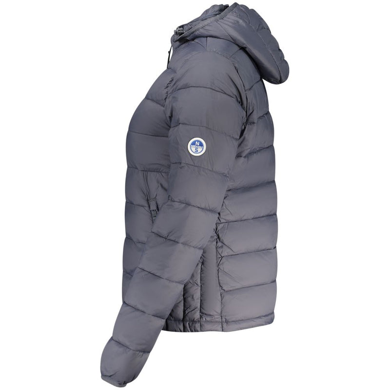 Grey polyester hooded puffer jacket for women with a round logo patch on the sleeve