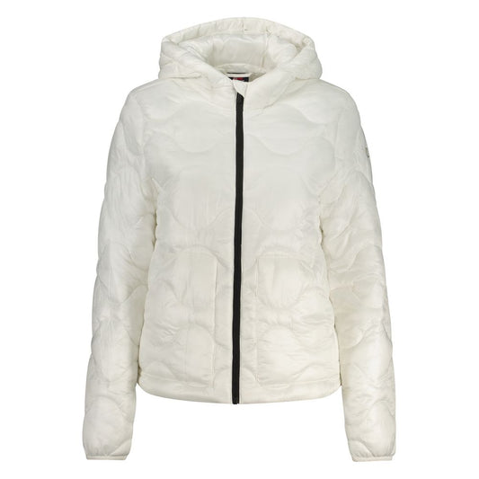 White nylon quilted hooded winter jacket for women with black zipper