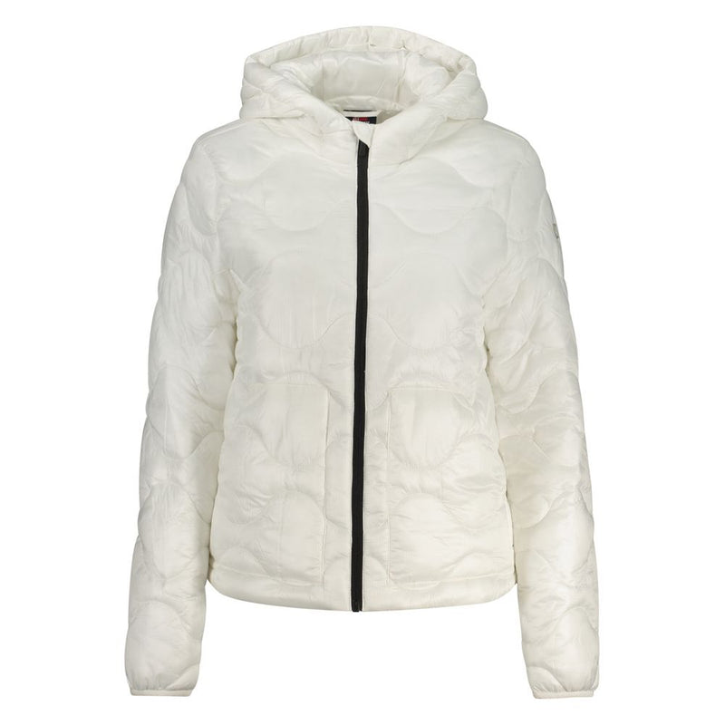White nylon quilted hooded winter jacket for women with black zipper
