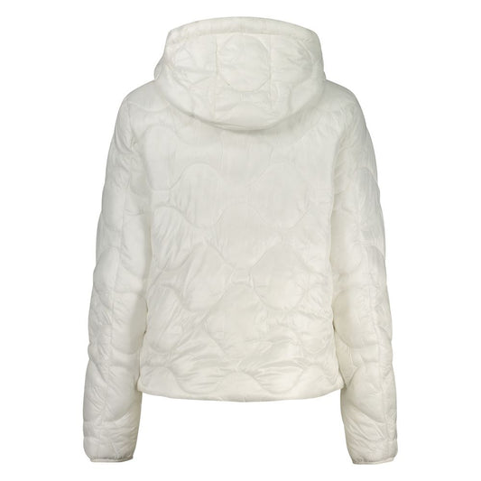 White quilted nylon hooded puffer jacket for women shown from the back