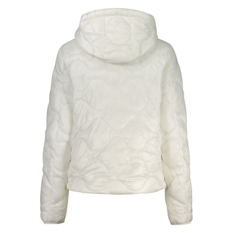 White quilted nylon hooded puffer jacket for women shown from the back