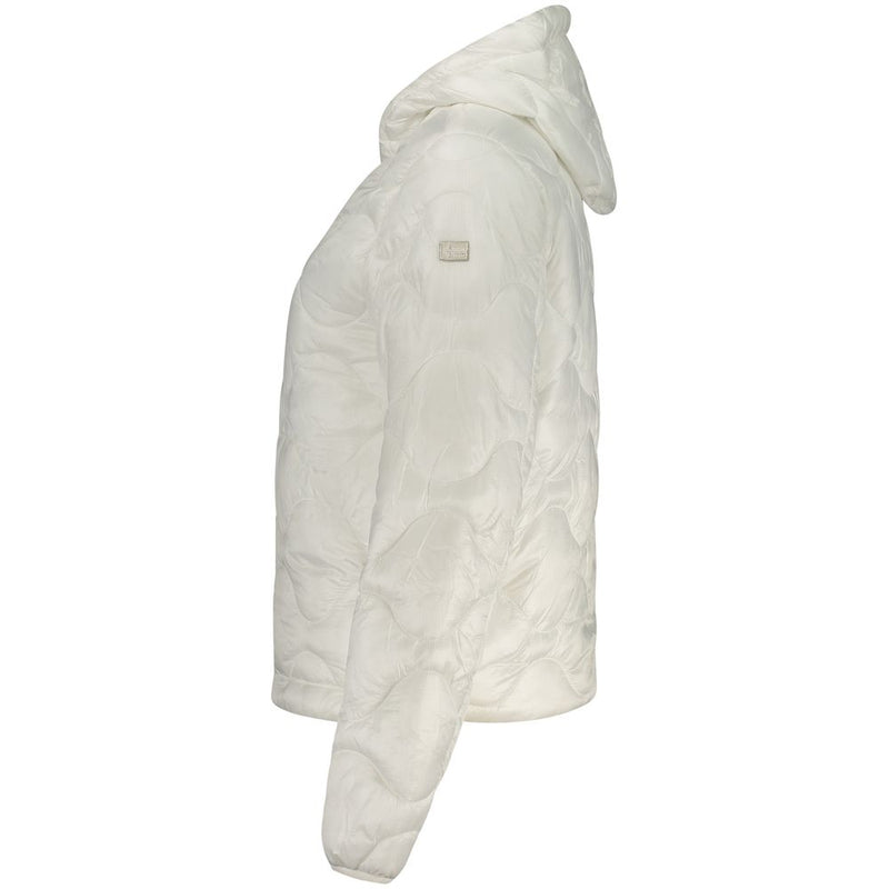 White polyamide hooded quilted jacket for women viewed from the side