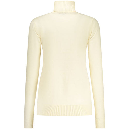 White viscose women's turtleneck sweater with long sleeves viewed from the back