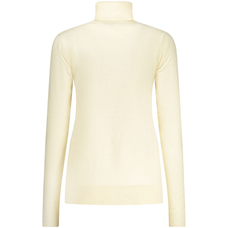 White viscose women's turtleneck sweater with long sleeves viewed from the back