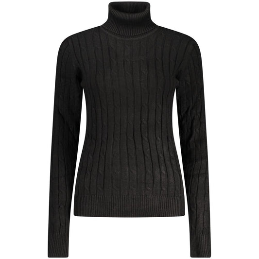Black viscose women's turtleneck sweater with a ribbed cable knit pattern