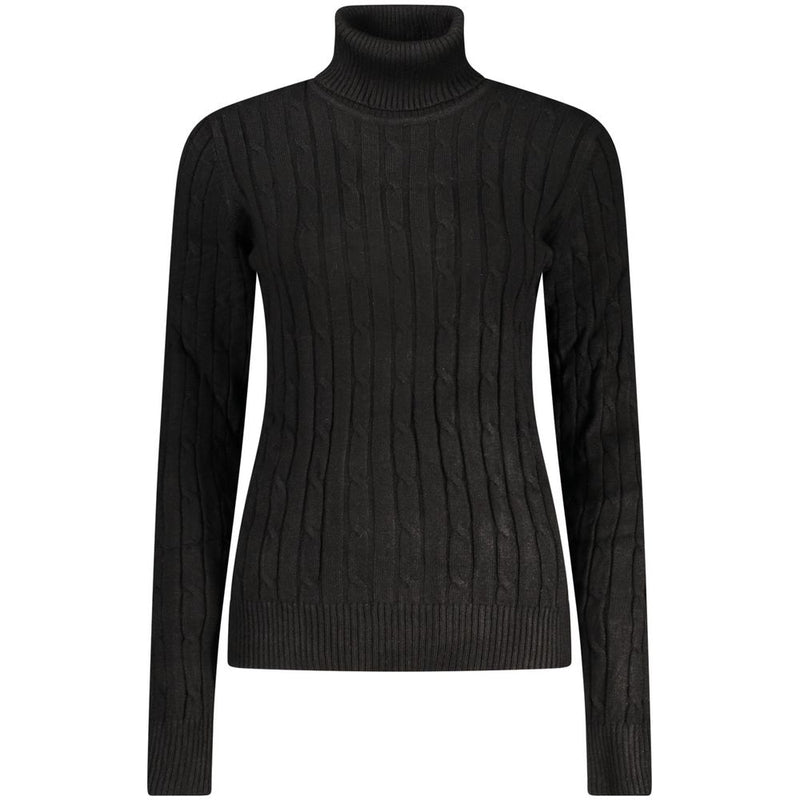 Black viscose women's turtleneck sweater with a ribbed cable knit pattern