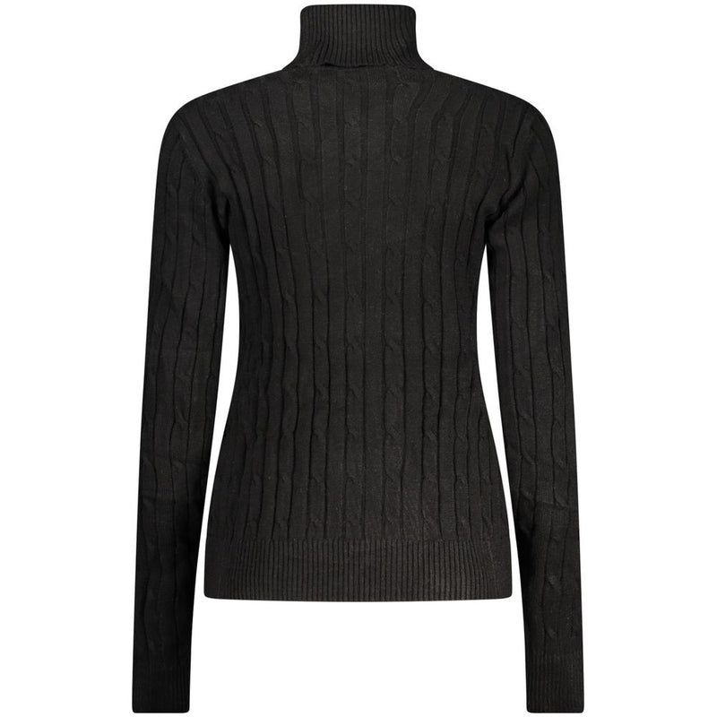 Black viscose women's turtleneck sweater with a ribbed knit pattern