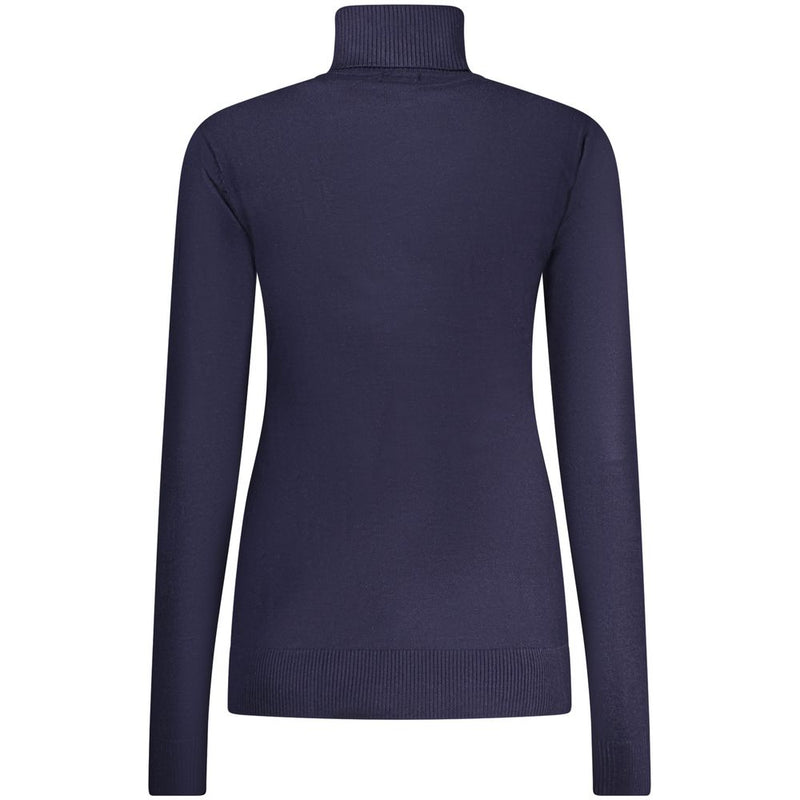 Back view of a blue viscose women's turtleneck sweater with long sleeves