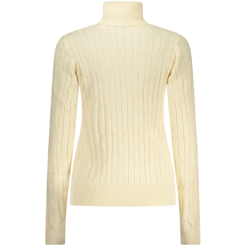 White viscose women's turtleneck sweater with cable knit texture