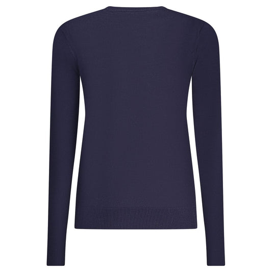Navy blue long-sleeved women's knit sweater made of soft viscose, shown from the back