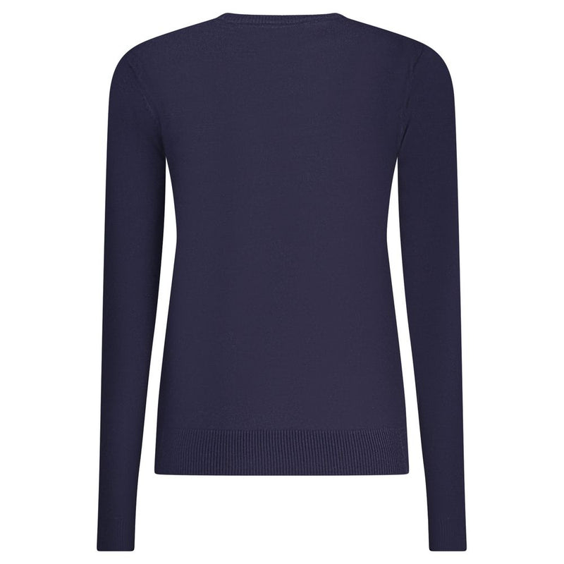 Navy blue long-sleeved women's knit sweater made of soft viscose, shown from the back