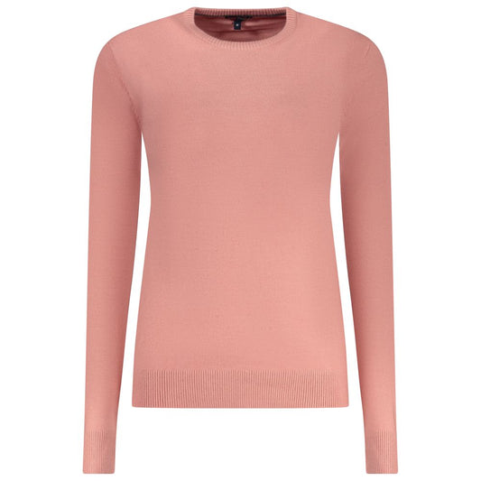 Pink long-sleeved knit sweater for women with a round neckline and ribbed hem